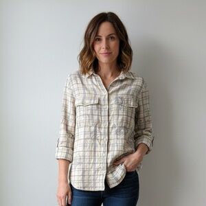 Zadig & Voltaire Sz M Tessy Print Plaid Metallic Button Front Flannel Shirt